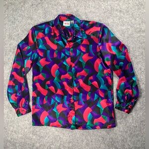 Vintage Ton-Jay Colorful abstract pattern silk long-sleeve button-down blouse.
